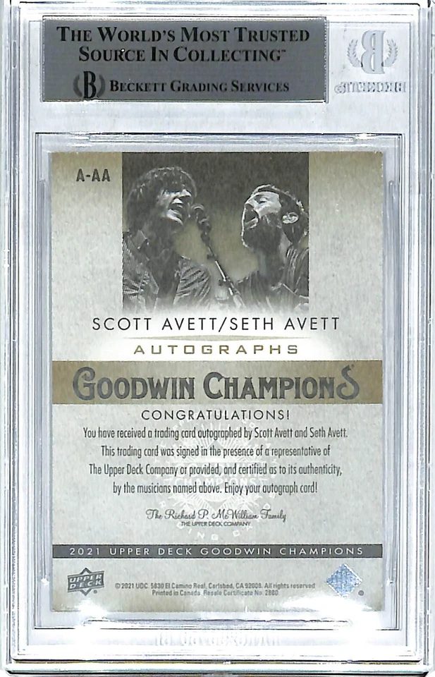 Tarjeta automática firmada por Scott & Seth Avett Brothers 2021 Upper Deck Beckett BAS losa Foto 3 de 3