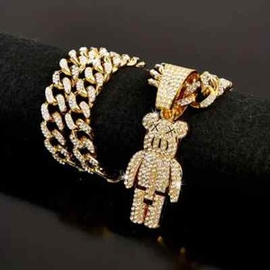 Authentic Gold Plated Bear Toy Pendant & 20" Iced Cubic Zirconia Chain Hip Hop Necklace