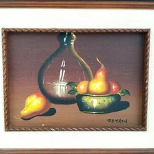 VIOLET DE MAZIA Signed & Framed Oil Painting Still Life Fruit Pears 9.5 x 11.5 *