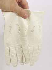 Vintage Retro Distressed White Leather Opera Gloves Floral Embroidery Pre-Owned