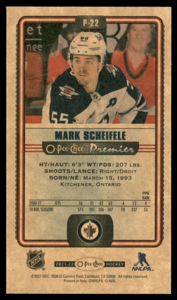 2021-22 O-Pee-Chee Premier Tallboys Mark Scheifele #P-22 - Image 2 of 2