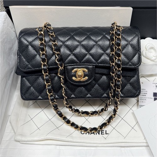 CHANEL Black Classic Flap Shoulder Bag Turn Lock Gold Chain Burgundy + Box