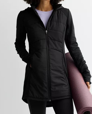 Tek Gear Women's Black Hooded Mixed Media Long Jacket (WT5FV203RS) Sizes S/M-NWT