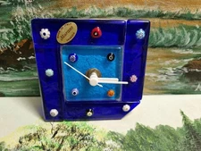 Vintage Murano Venezia Italy fused glass art desk clock blue with millefiori