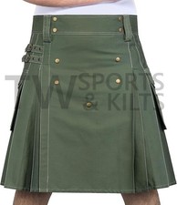 Men's Olive Utility Kilt Made Of Cotton Material Two Side Pockets Front Button