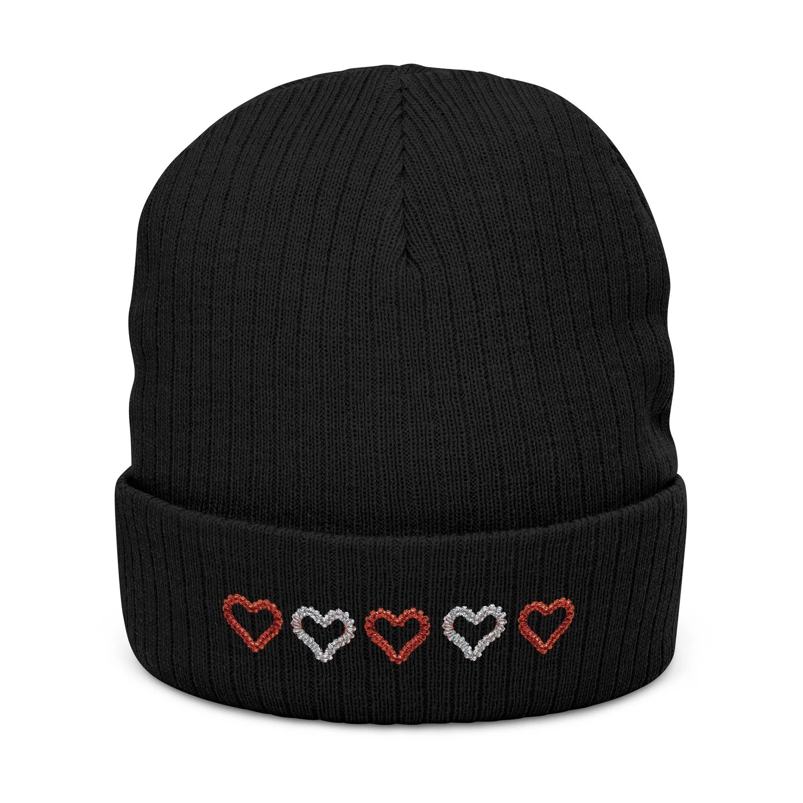 Embroidered Heart Row Beanie | Ribbed Knit Beanie