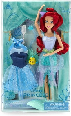 NEW Disney Store 11'' Princess Ballet Ariel Mermaid Flounder Doll 2 Tutu Outfits