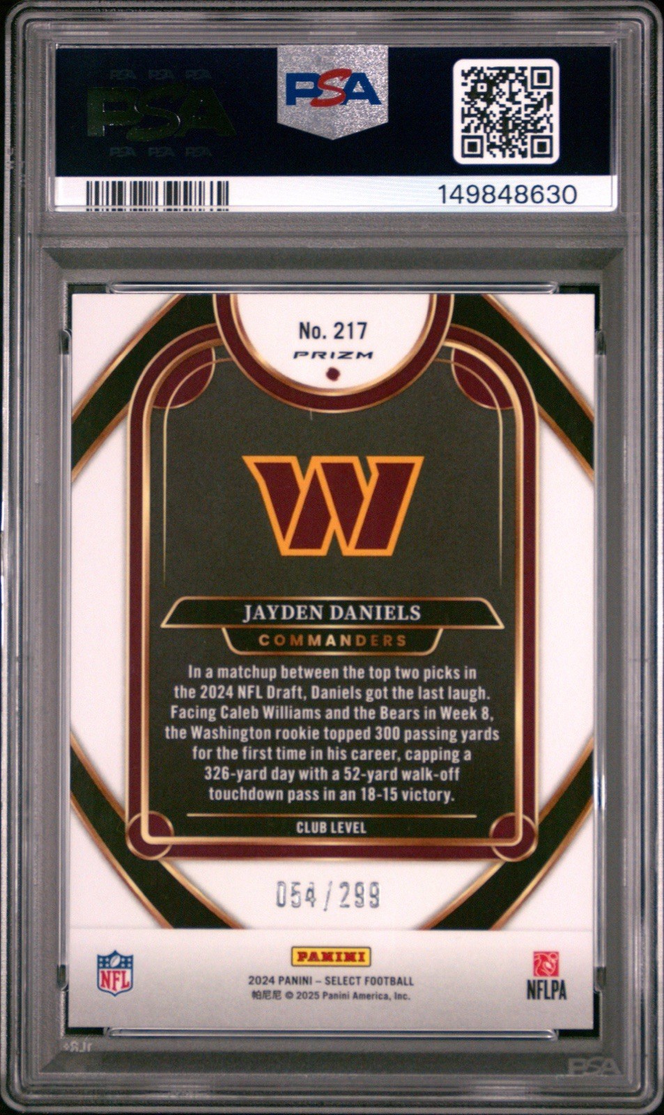 2024 Panini Select - Club Level Jayden Daniels #217 Copper Prizm /299 (RC) PSA 9 view 2