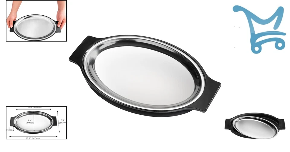 Plato ovalado de acero inoxidable para chisporrotear con soporte aislante 11,63 x 8 alimentos calientes Foto 2 de 4