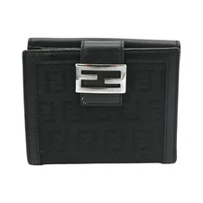 Fendi Black Zucchino Canvas Leather Bifold Compact Wallet
