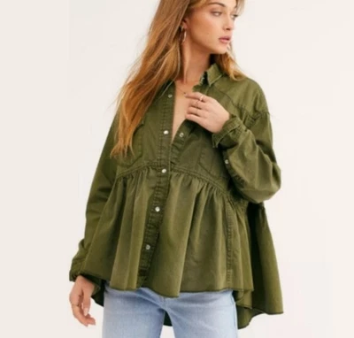 Free People We The Free Dylan Babydoll Army Denim Peplum Top Medium 100% Cotton - Image 1 of 4