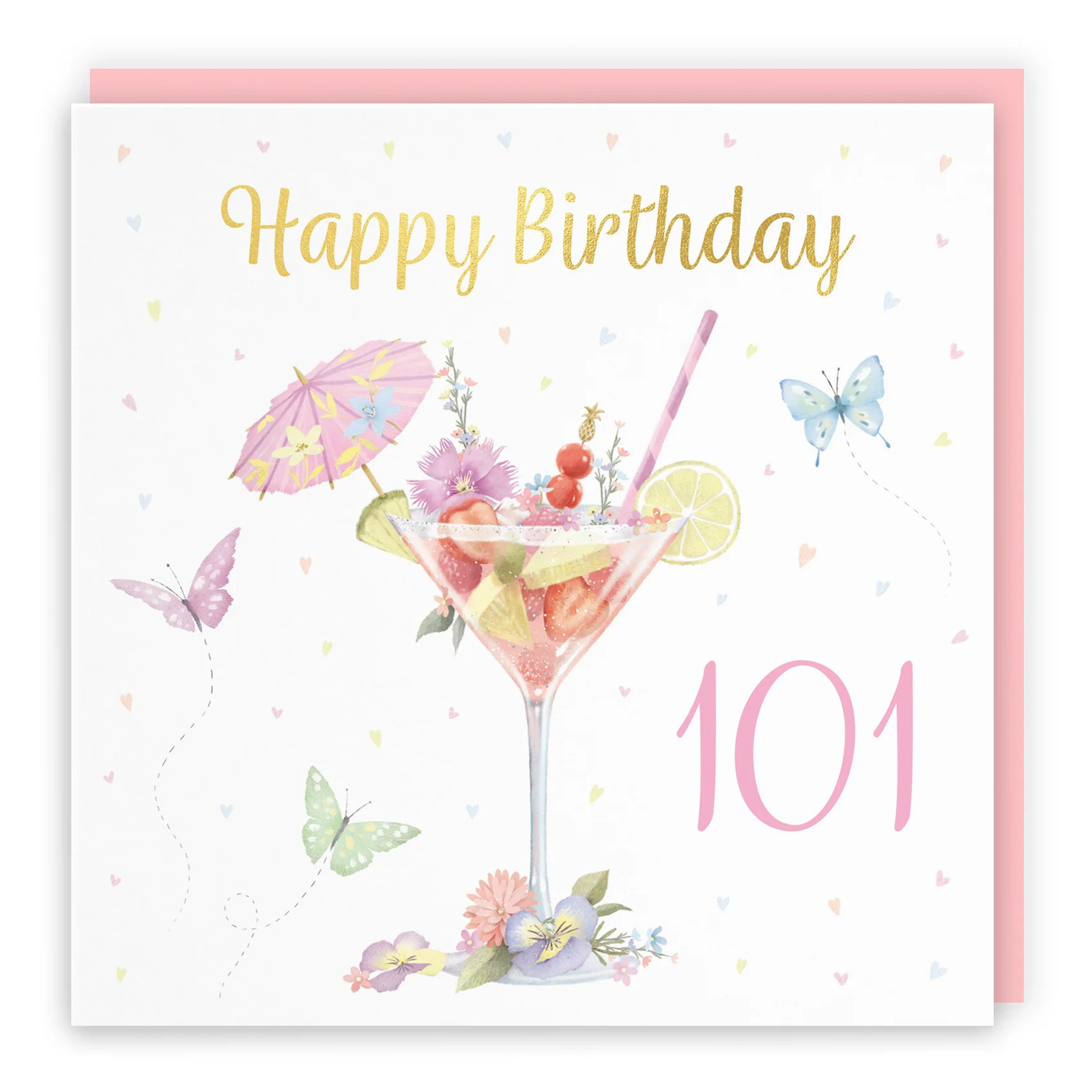 101st Pink Cocktail And Butterflies Birthday Card Gold Foil Milo's Gallery