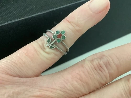 Vintage Navajo sterling silver turquoise coral chip inlay flower ring size 4