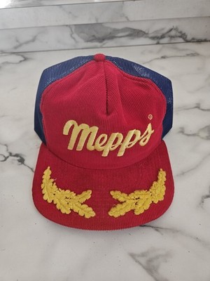 Vintage Corduroy Trucker Hat.. ''Mepps''  Scrambled Egg Bill w/ Mesh & Snapback