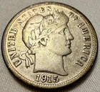 1915 S Barber 90% Silver Dime Key Date, Pleasant Warm Toning On Reverse