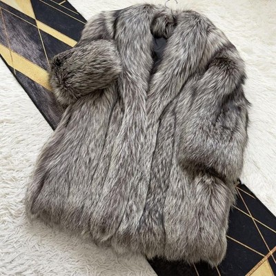 ROYAL SAGA FOX Silberfuchs Pelzmantel Damen L lang Echtfell Knopf Authentic
