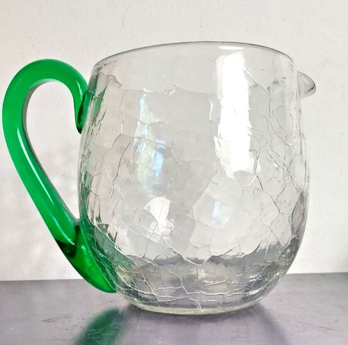 1950s Blenko Large Clear Hand Blown Crackle Glass Pitcher w/Bright Green Handle