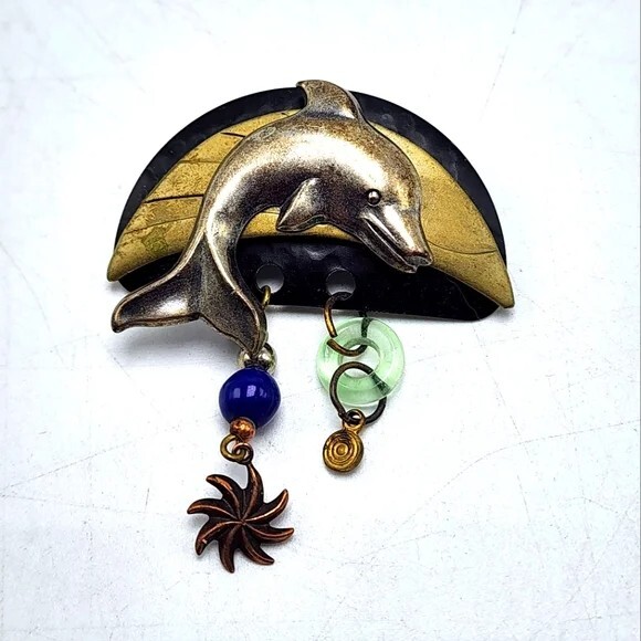 Dolphin Lapel Pin Figural Sea Life Dangles Two Tone Brooch Pinback Statement Vtg