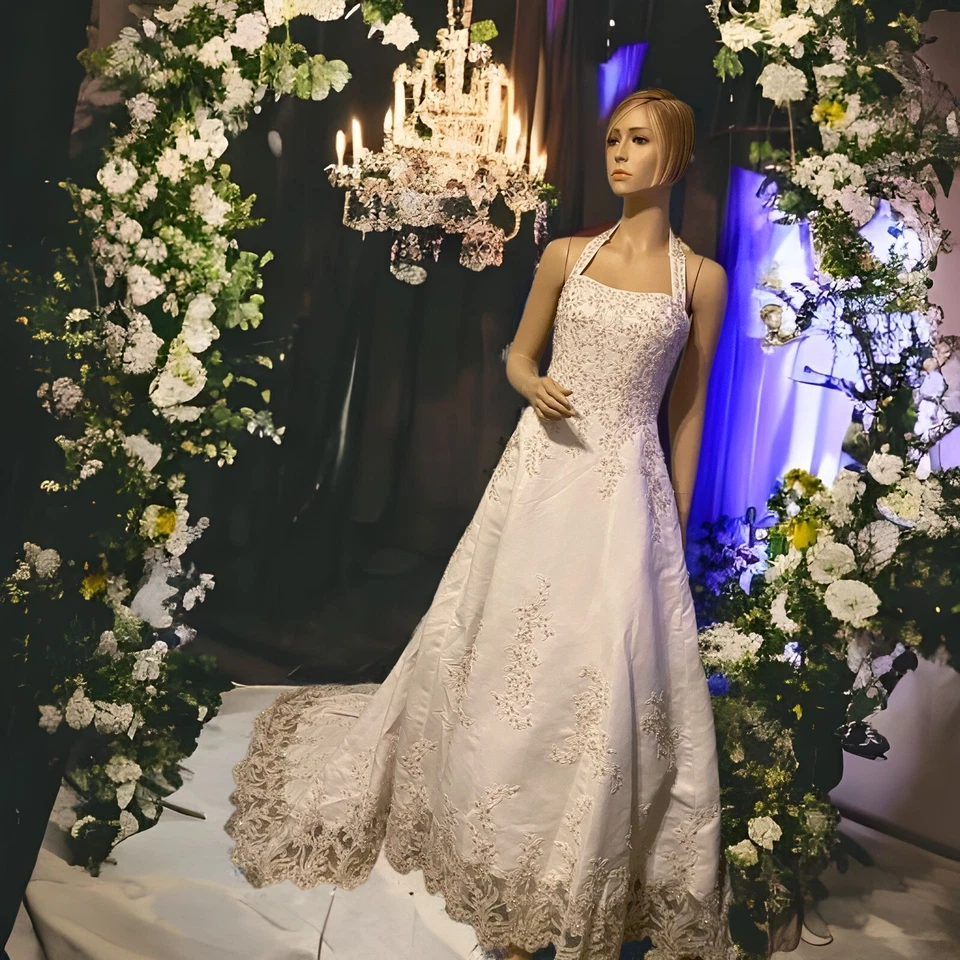 Vestido de novia David Michaelangelo blanco halter línea A vestido de encaje con cuentas 4 nuevo con etiquetas Foto 3 de 4