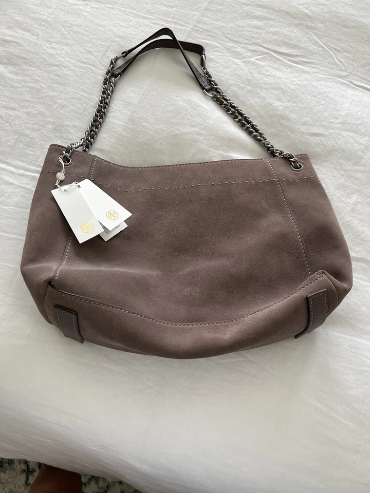 Tory Burch MCGRAW GAMUZA CADENA-HOMBRO HOLGADO BOLSO TOTE- Plateado Arce- Talla OS Foto 2 de 4