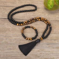 Tiger's Eye Obsidian 108 Mala Bead Prayer Tassel Healing Yoga Necklace Bracelet