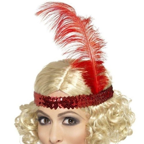 Charleston Wig Adult Blonde Curly with Red Feathered Sequin Headband - Picture 2 of 3