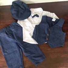 A J DESIGN 4pcs Baby Boys blue Suit set: shirt w bowtie, blue pants,vest,hat,12M