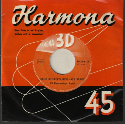   EP 1955 Hans Koller  I'll Remember April / Tea For Two   HARMONA 3 D 5594 NM  