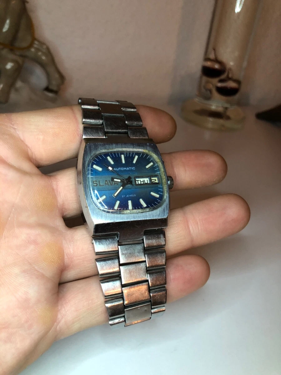 Vintage Soviet USSR Watch Slava 27 jewels TANK TV Automatic 2427 blue WORKING