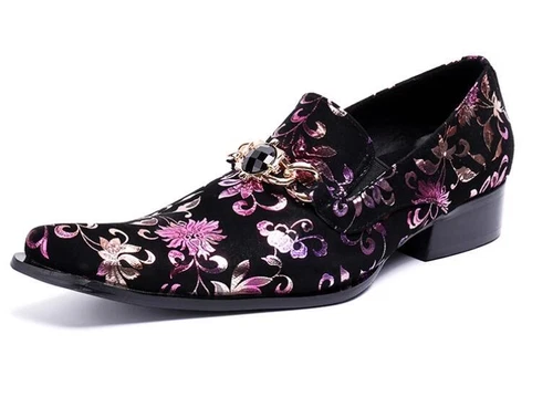 Mens Pointy Toe Floral Slip On Loafers British Youth Party Wedding Stag Shoes - Picture 5 of 8