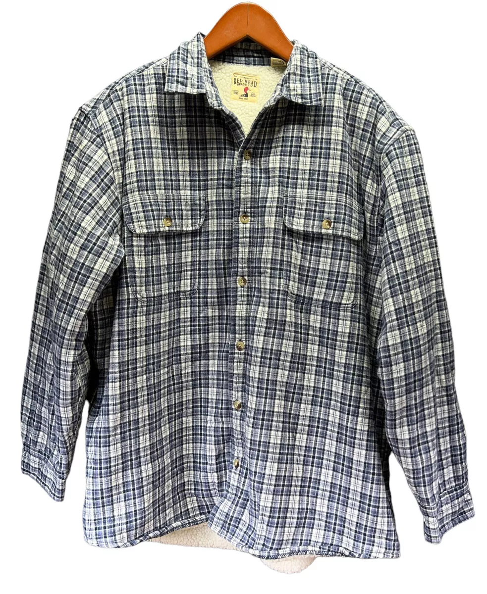 Red Head Sherpa Lined Flannel Button Front Plaid Shacket Shirt Jacket Blue XL