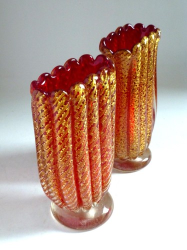 Barovier & Toso Vintage Murano Glass Red Cordanato d'Oro Vases x 2. Mid Century - Picture 6 of 8