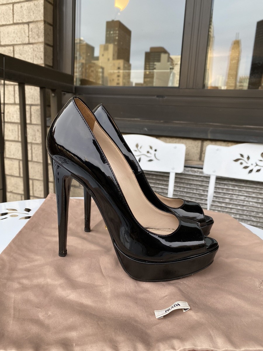 Prada Black Patent Leather Heel Pumps Shoes Size 36