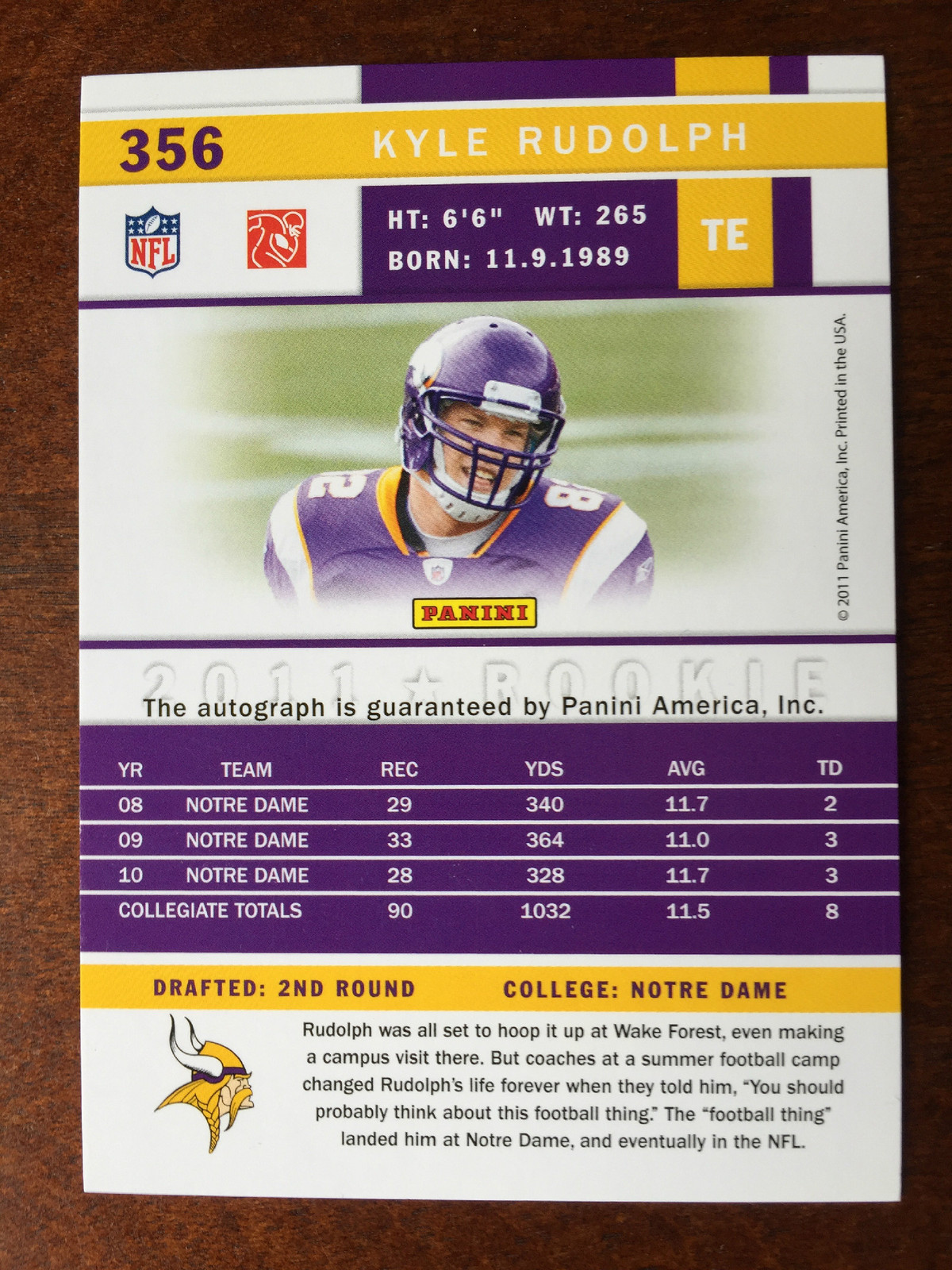 Kyle Rudolph Rookie Card 2011 Score - Rookie Kyle Rudolph #356 Signatures (AU, RC) for sale ...