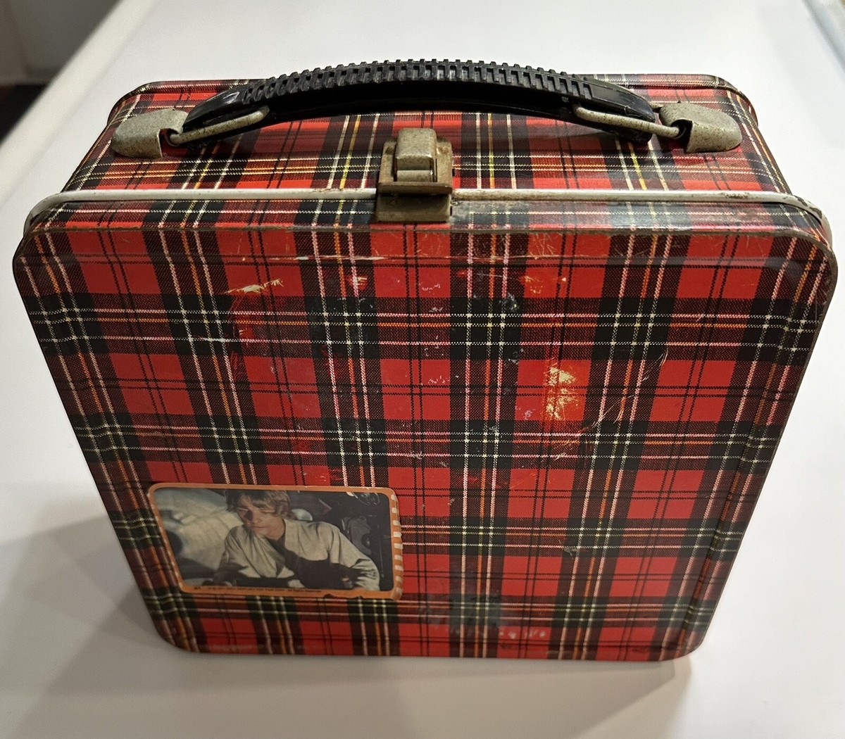 Vtg Aladdin Plaid Metal Tin Lunch Box Safety First w/Thermos ~Star Wars  Sticker