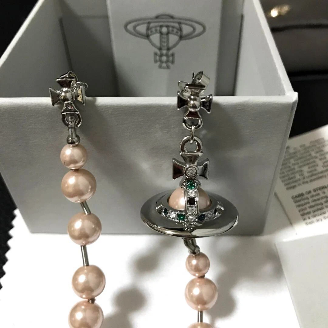 Vivienne Westwood Long Pearl Earrings Silver Pink Orb Drop Outlet