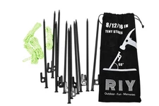 RIY Tent Stakes Set 12pc 8/12/16 Inch Heavy Duty Metal Pegs with Guy Lines & Bag