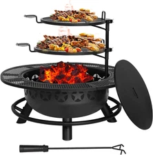 35 Inch Fire Pit with 2 Cooking Grate & Charcoal Pan, Outdoor Wood Burning BBQ G