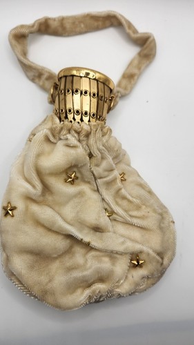 Rare 1930's Velvet Gate-Top Purse/Beggars Bag Cream With Stars - Picture 2 of 9