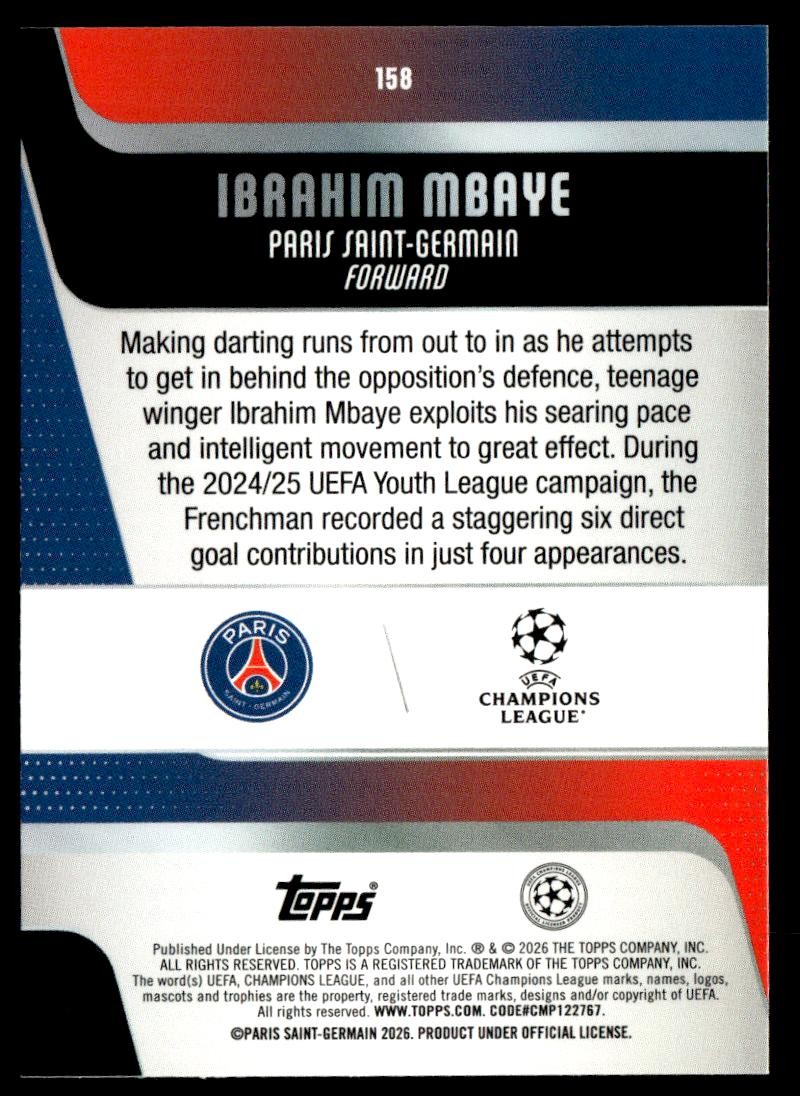 2025-26 Topps UEFA Club Competitions #158 Ibrahim Mbaye PSG Future