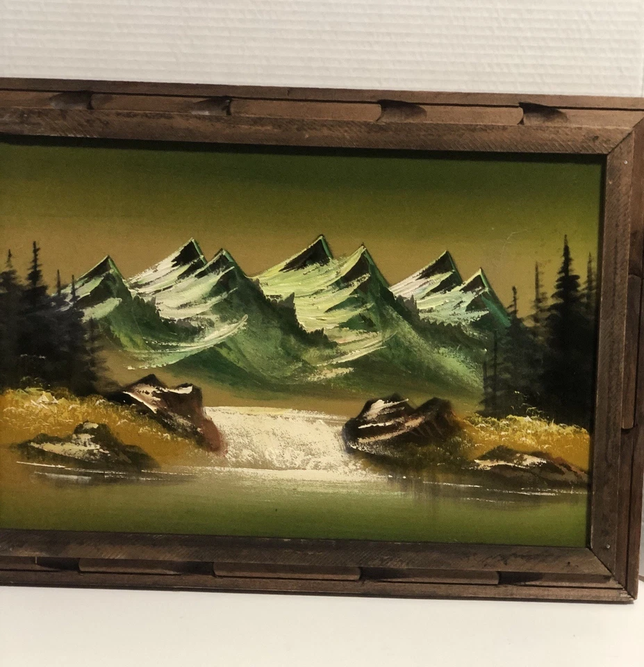 Vintage Landscape Painting On Velvet Hand carved Wood Frame Made In Mexico - Image 2 of 4