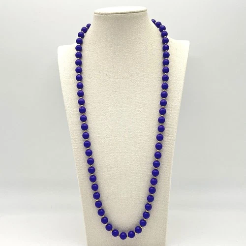 Vintage Royal Blue Gold Accent Beaded Lucite Necklace Costume Jewelry 32 Inch