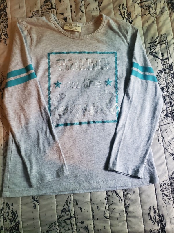 Bobbie Brooks Girls Gray Blue Glitter Stars Graphic T-Shirt Crew Neck Size M