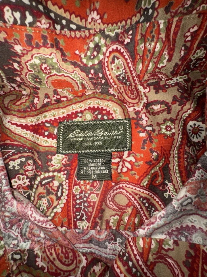 Camisa masculina Eddie Bauer casual com botões média paisley floral vermelha ocidental - Imagem 3 de 4