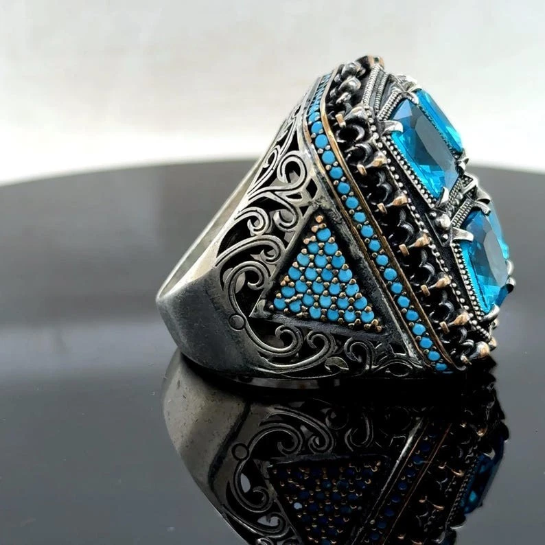 Anillo de plata aguamarina para hombre turco hecho a mano piedras preciosas azules anillo grande llamativo Foto 4 de 4