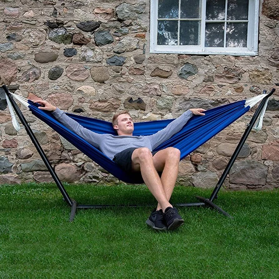 VIVERE C9POLY-13 Double Polyester Hammock with Space Saving Steel Stand  - Image 4 of 4
