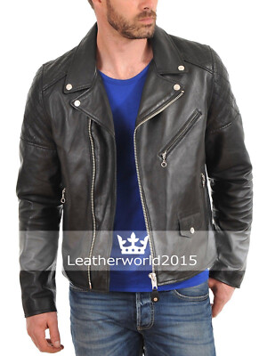 Men's Trendy Outfit 100% Genuine Lambskin Leather Biker Jacket Black Moto Coat