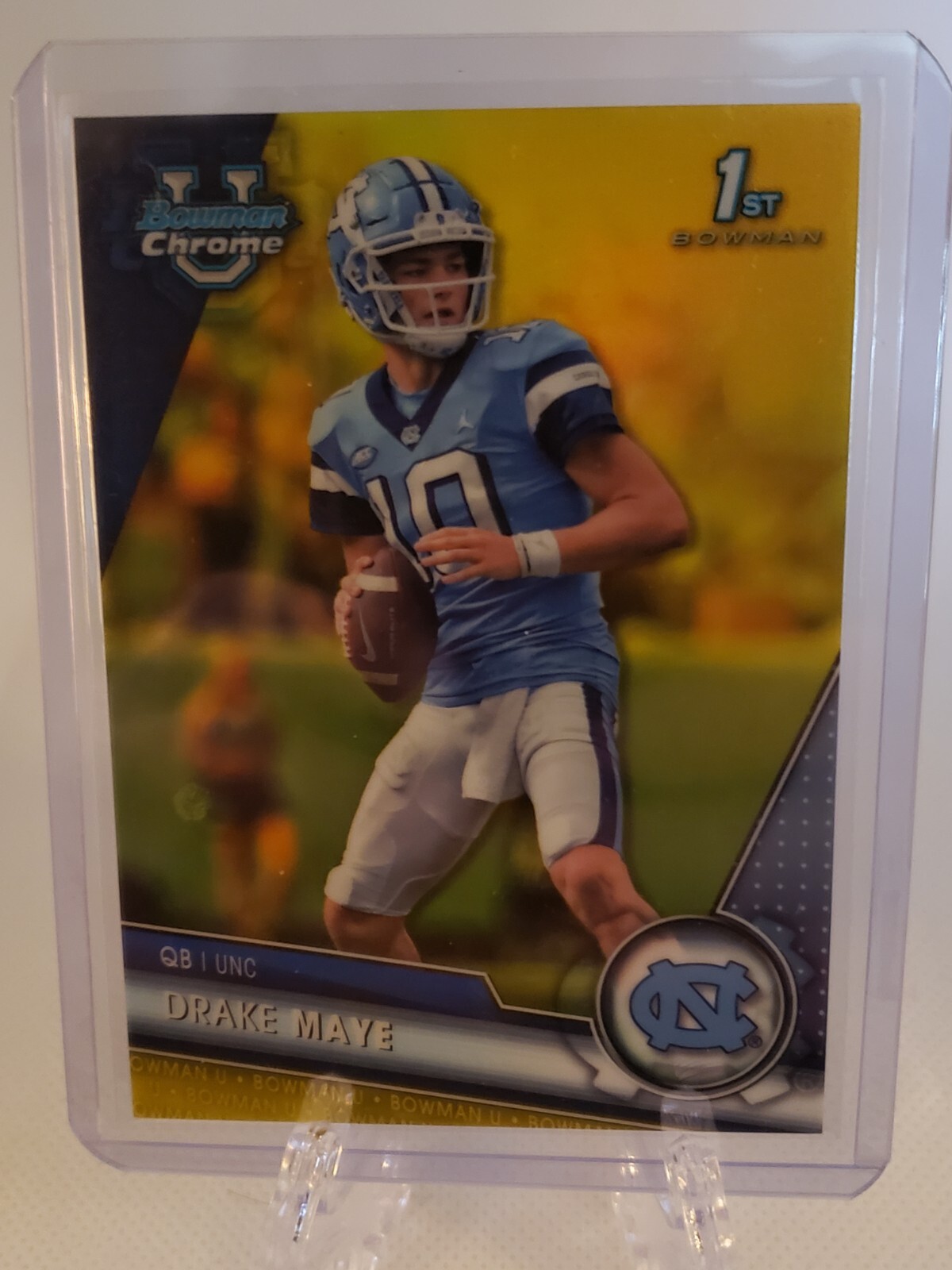 2023 Bowman Chrome University Sapphire Drake Maye 1st #/75 Yellow Refractor UNC