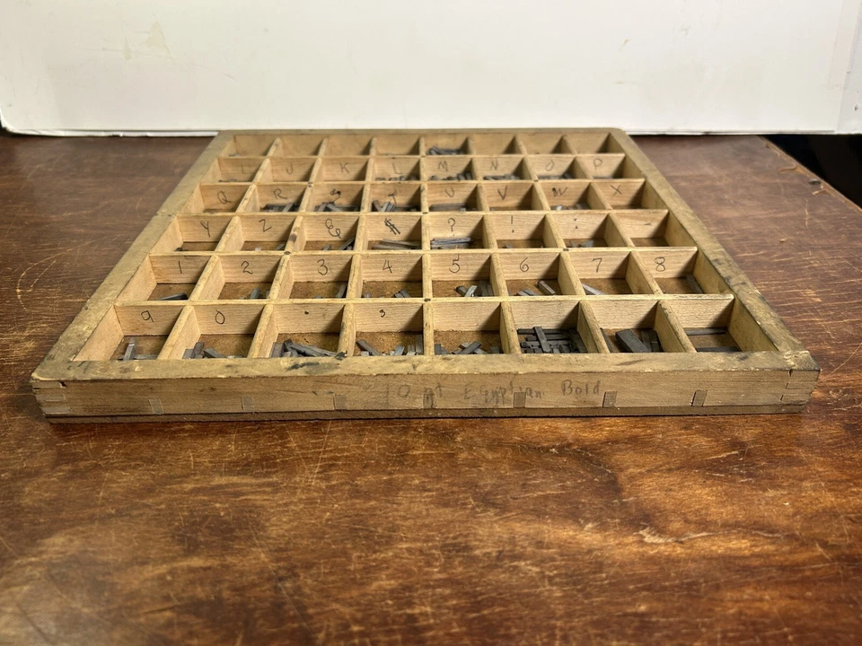 Impresión tipográfica mediana de metal Stymie vintage tipo 10 piezas con estuche de madera bandeja caja Foto 2 de 4