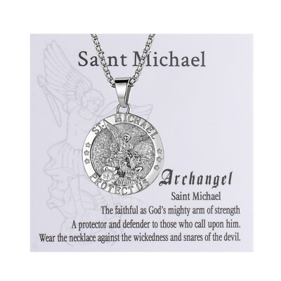Men Catholic Christian Saint St Michael Medal Medallion Pendant Necklace Protect